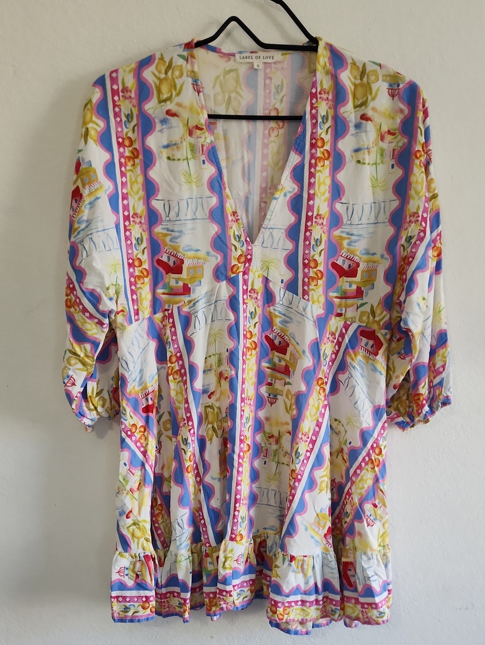 Boho Pink Blue Novelty Coastal Print V-Neck Tunic Mini Dress S